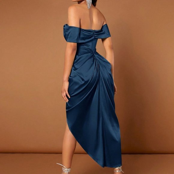 Off Shoulder Ruched Draped Asymmetrical Hem Dress blue - Picture 2 of 5
